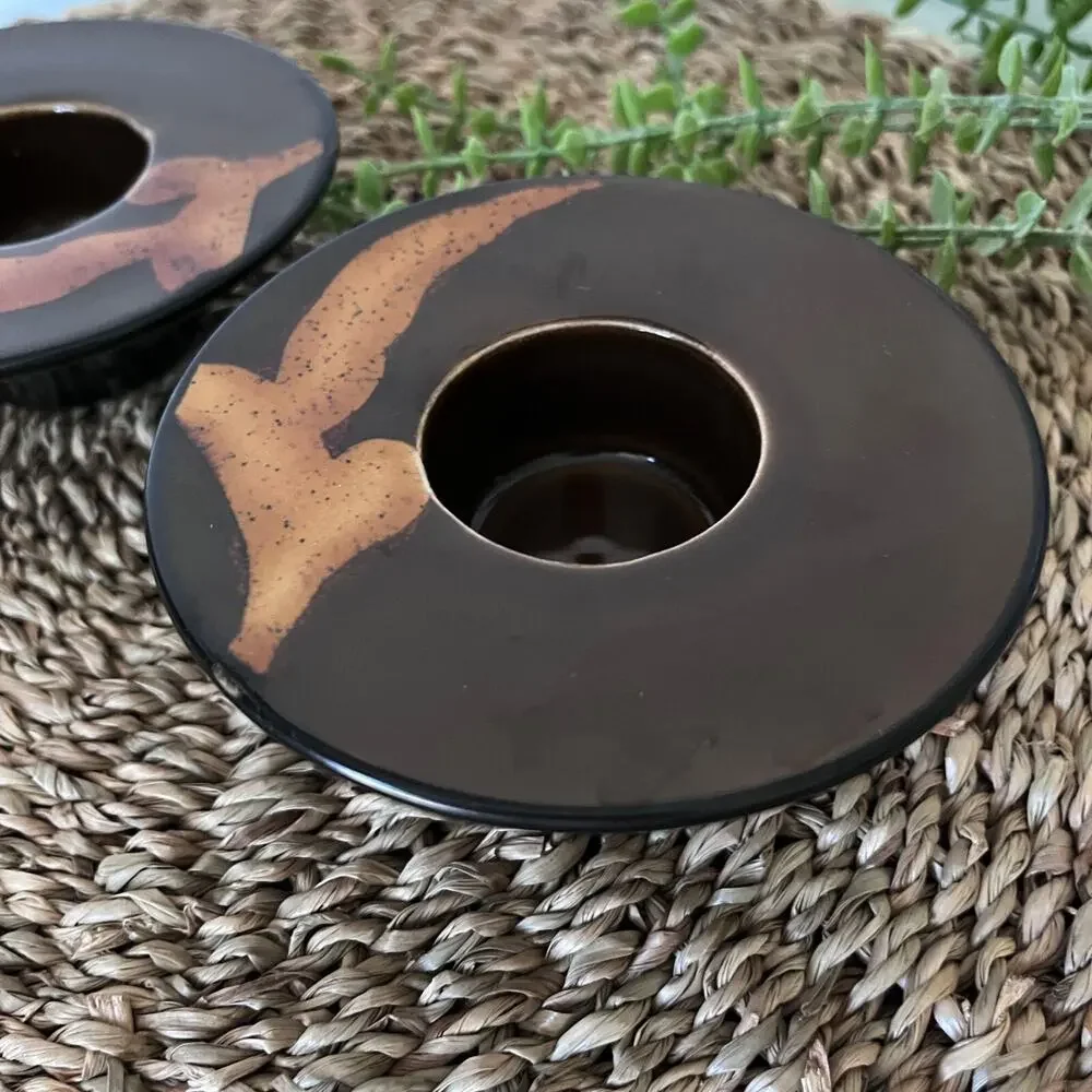 (2) Pier 1 Votive Candle Holder Handpainted Organic Abstract Asian Brown Leaves